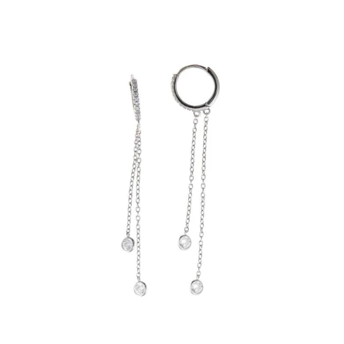 PENDIENTES PLATA RODIO ARO DOS CIRCONITAS BLANCAS CHATONES CON CADENA
