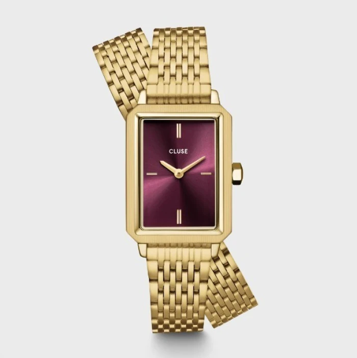 Fluette Watch Double Steel, Wine, Gold Colour