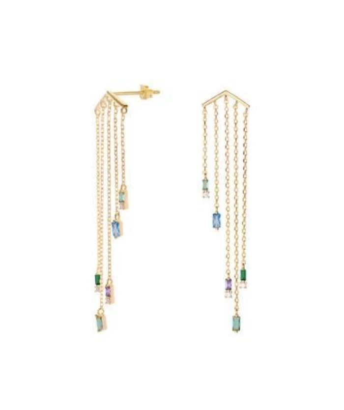 Pendientes largos diseño cinco cadenas con gemas tono azul