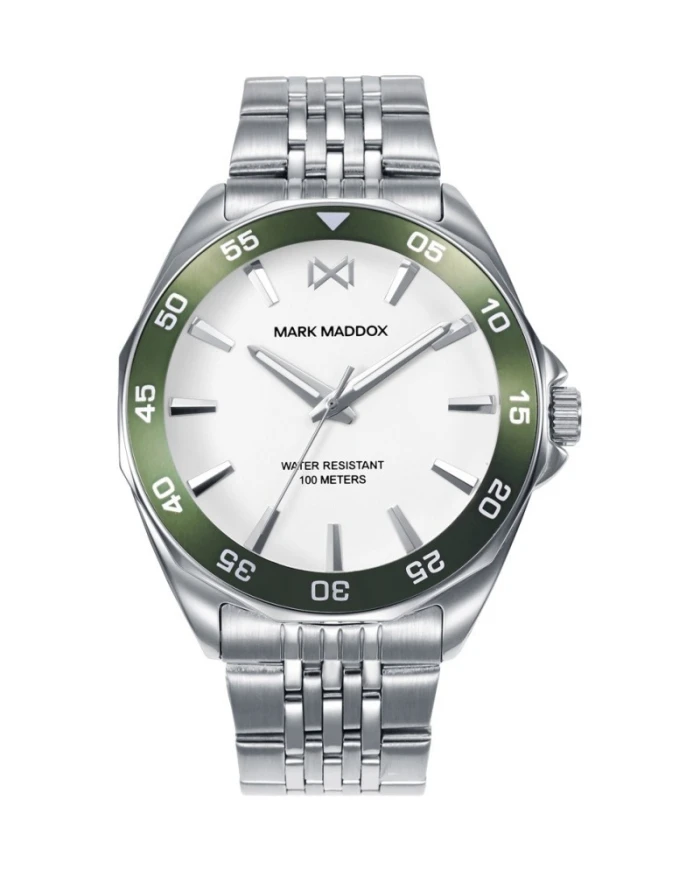 Reloj caja de acero con bisel en verde 10 Atm, brazalete de acero,movimiento cuarzo