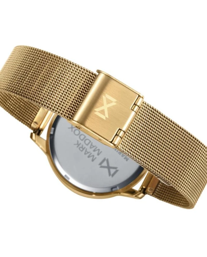 Mark Maddox SHIBUYA de acero Ip dorado con bisel de aluminio rosa y malla milanesa