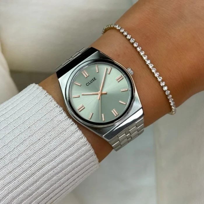 Retro 70's Watch Steel, Sage Green, Silver Colour