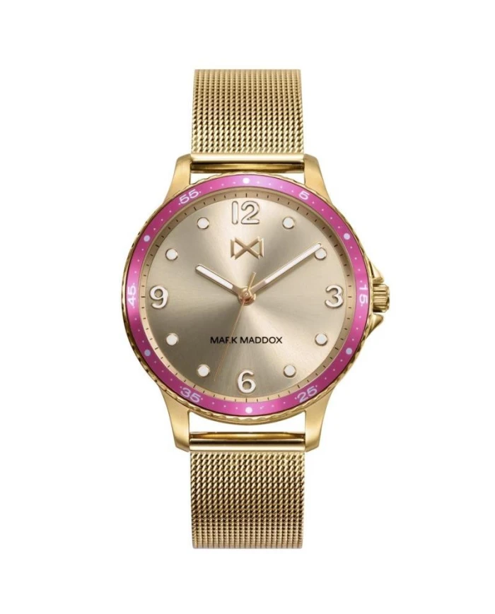 Mark Maddox SHIBUYA de acero Ip dorado con bisel de aluminio rosa y malla milanesa