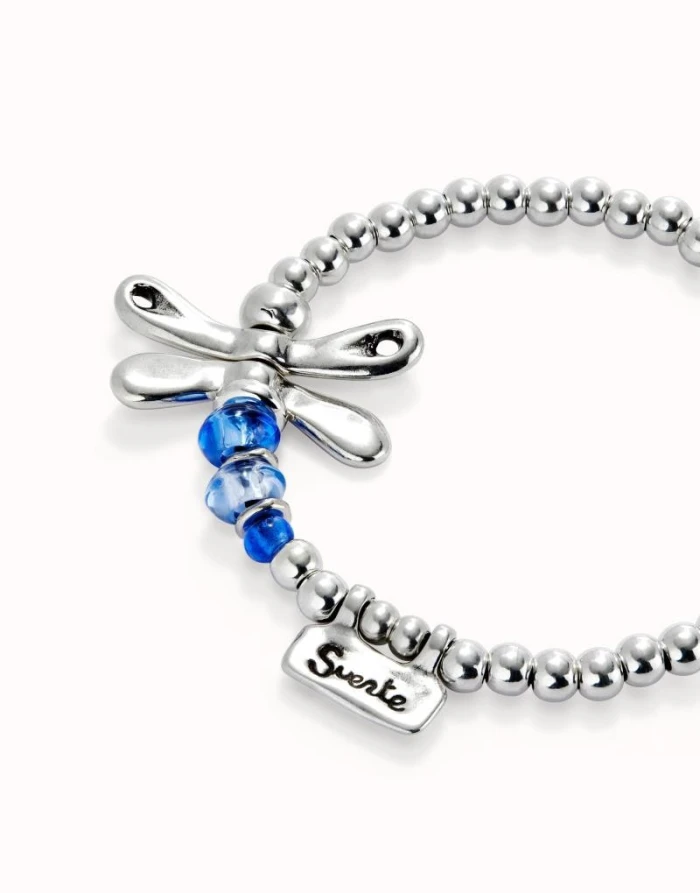 Pulsera elastica con libélula bañada en plata de ley con cristales azules