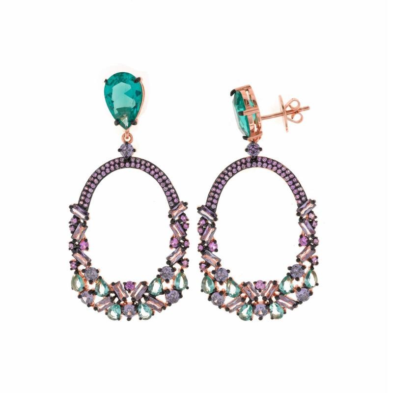 PENDIENTES PLATA CHAPADO ROSA OVALO CRISTAL VERDE