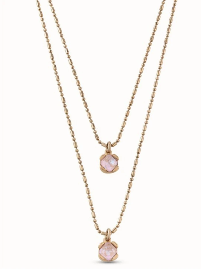 Collar rosa bañado en oro 18K y dos cristales rosas