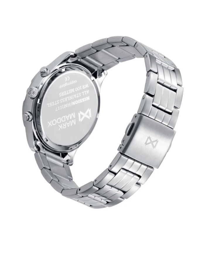 Reloj caja de acero con bisel azul 10 atm y brazalete de acero con movimiento cuarzo