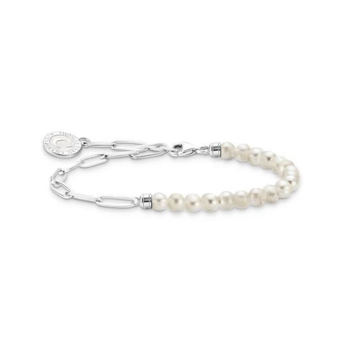 19CM PULSERA CHARM CON PERLAS BLANCAS Y ENLACES PLATA