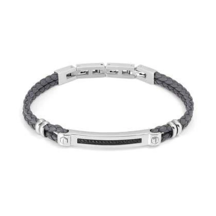 PULSERA MANVISION EN ACERO, CIRCONITAS Y CUERO SINTETICO GRIS