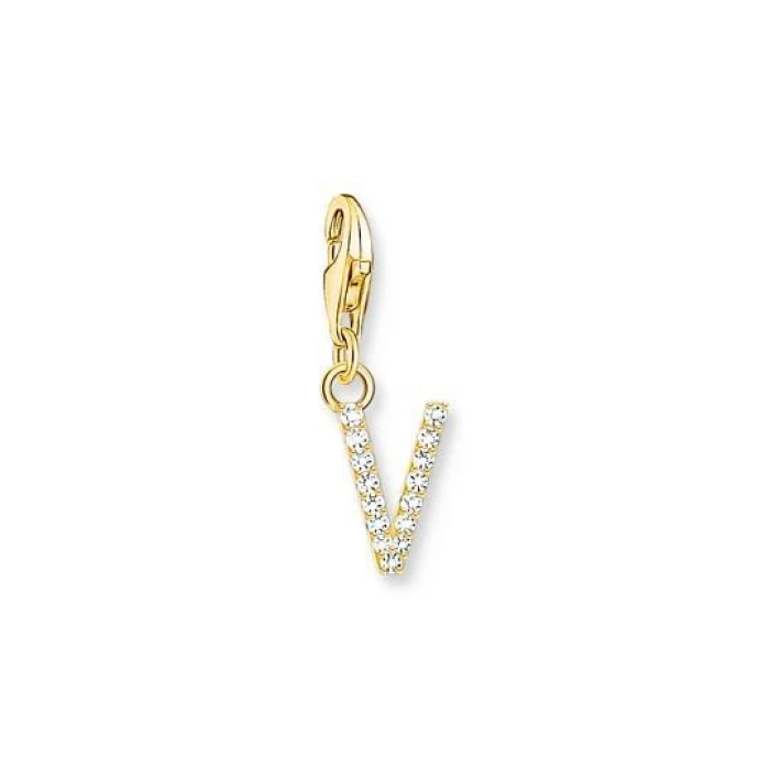 COLGANTE CHARM LETRA V CON PIEDRAS BLANCAS CHAPADO EN ORO