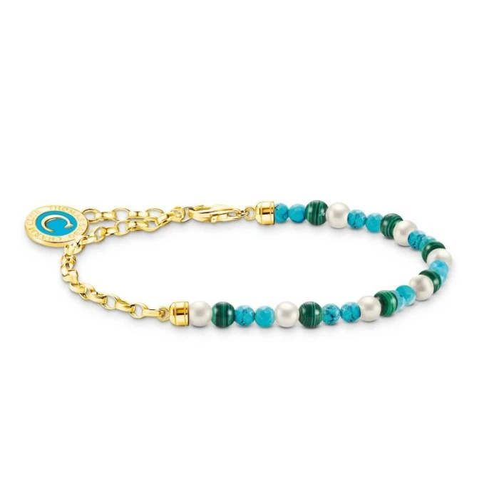 PULSERA CHARM CON PERLAS BLANCAS, MALAQUITA Y CHARMISTA MEDALL