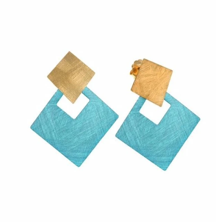 PENDIENTES PLATA CHAPADO DORADO DOS ROMBOS UNO TURQUESA / PENDIENTE PLATA BAÑO ORO 925 DOS ROMBOS UNO TURQUESA / 4 X 3