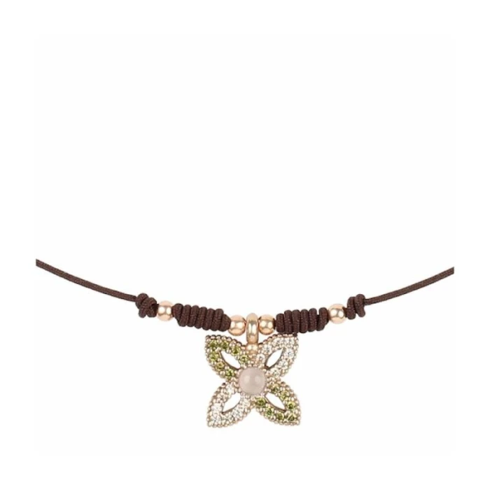 Collar cuarzo rosa y circonitas color verde y cava