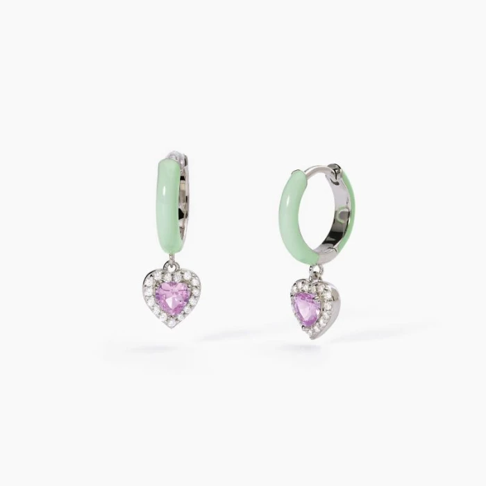 Pendientes aros de plata con esmalte verde y circonita rosa