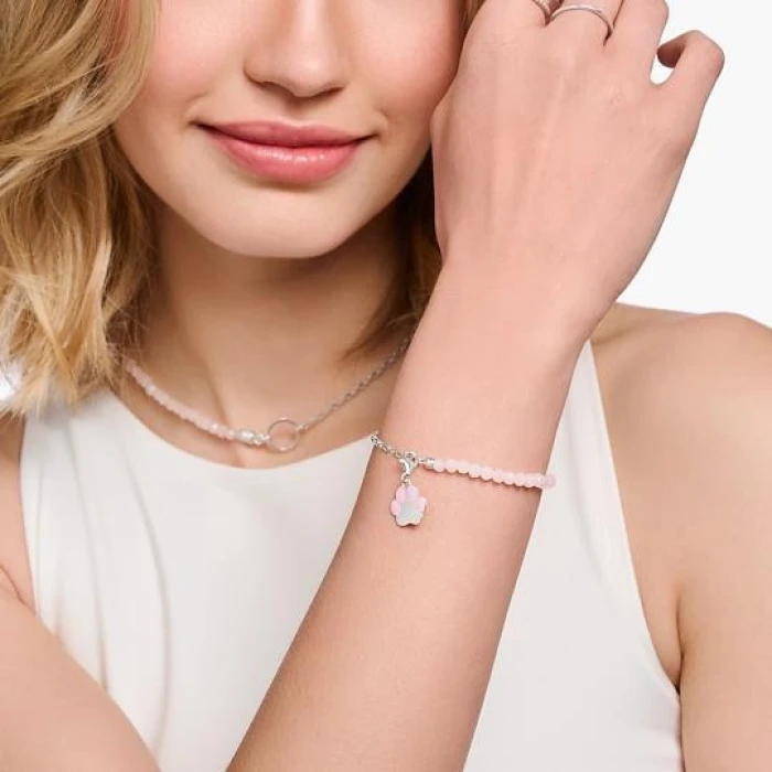 19CM PULSERA CHARM CON CUARZO ROSA BEADS Y ENLACES PLATA
