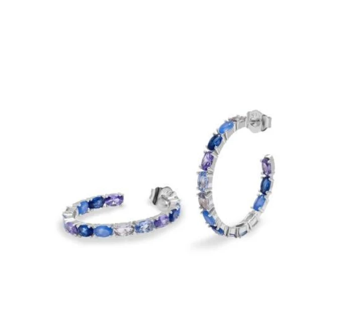 Pendientes aro con piedras en tonos azules de talla oval