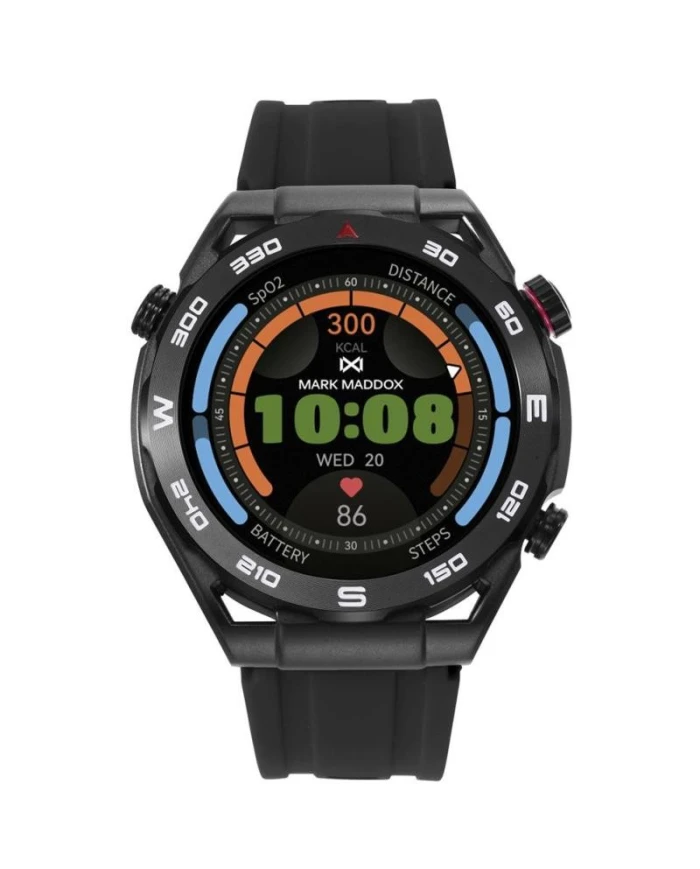 Reloj Smart de metal negra con bisel negro con correa de silicona negra y otra en color naranja