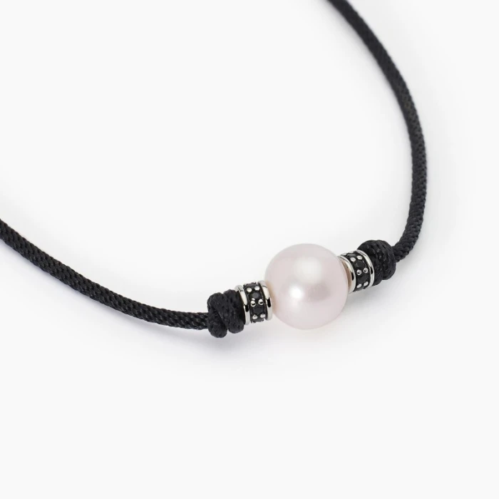 Collar de plata con cordón negro y perla blancaTROPICAL