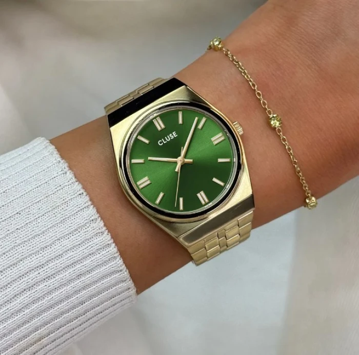 Retro 70's Watch Steel, Forest Green, Gold Colour