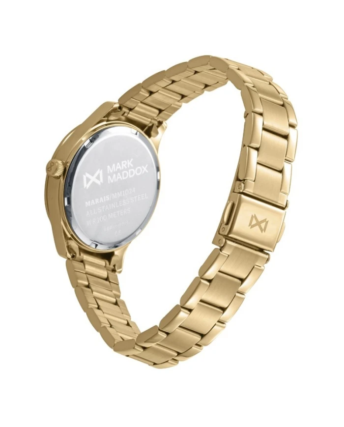 Reloj caja de acero Ip dorado 10 atm y brazalete de acero Ip dorado con movimiento cuarzo