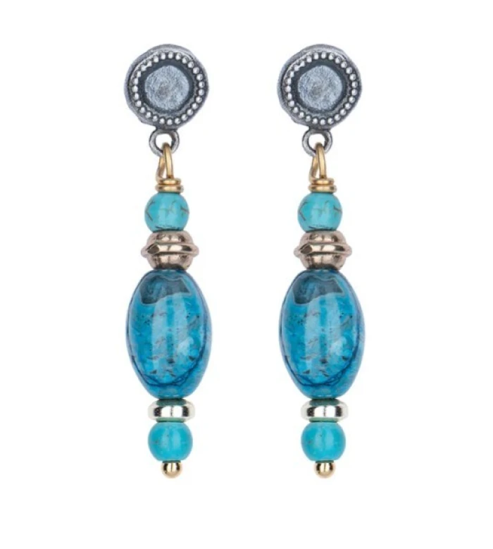 Pendientes Safi de Plata 925, Turquesa, Bronce y Ojo de tigre azul