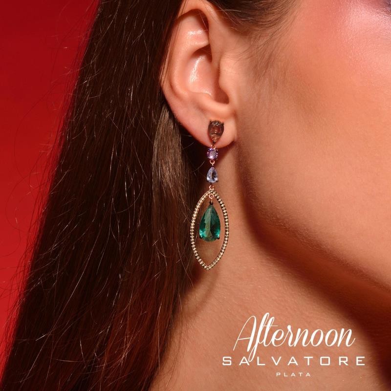 PENDIENTES PLATA CHAPADO ROSA PERA CRISTAL VERDE,