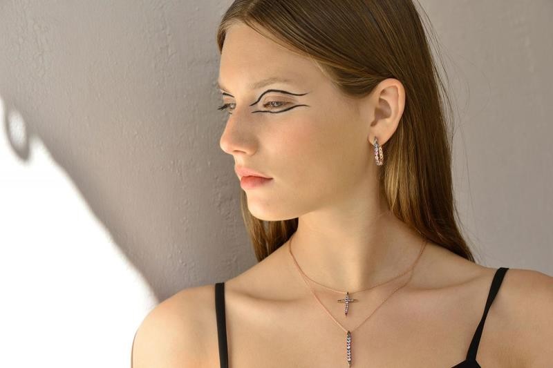 PENDIENTES PLATA CHAPADO ROSA TIRA ARO CIRCONITA