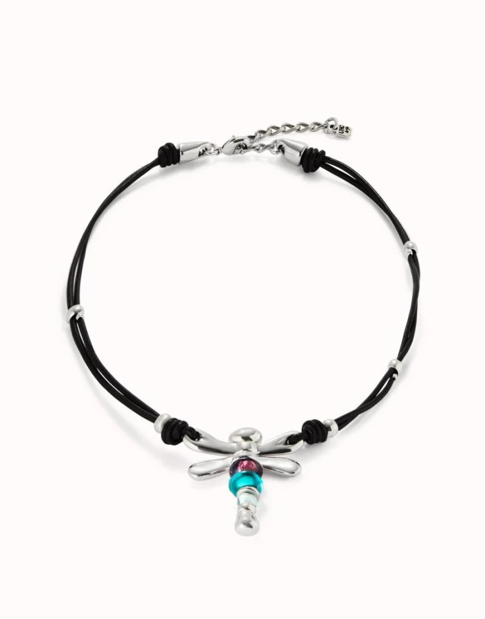 Collar de cuero y libélula bañado en plata de ley con cristales