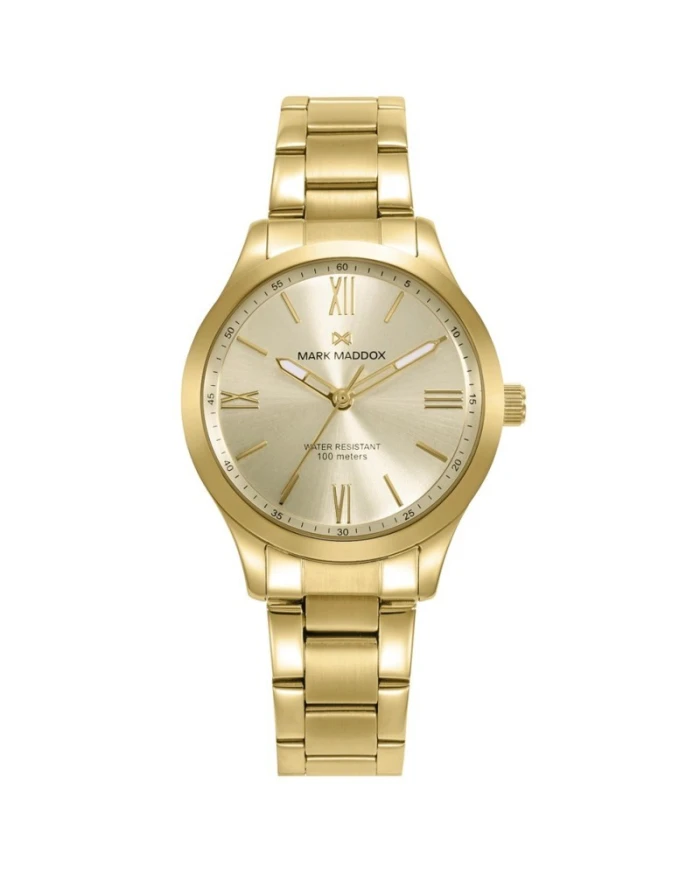 Reloj caja de acero Ip dorado 10 atm y brazalete de acero Ip dorado con movimiento cuarzo