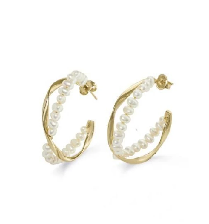 Pendientes aro originales diseño banda de perlas y baño de oro