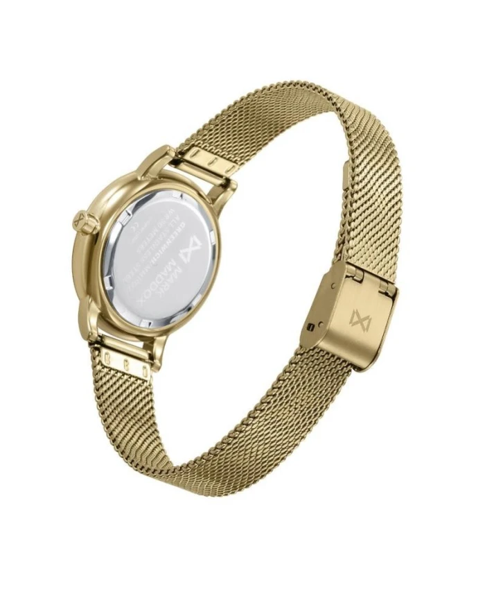Reloj caja de acero Ip dorado 5 atm y malla milanesa de acero Ip dorado con movimiento cuarzo