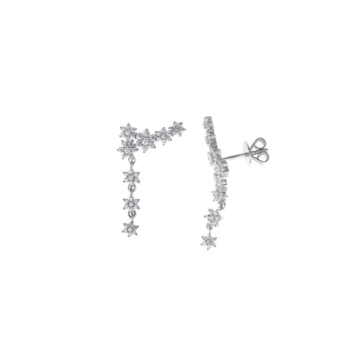 PENDIENTES PLATA RODIO TREPADOR COPOS DE NIEVE CIRCONITAS BLANCAS BRILLANTES
