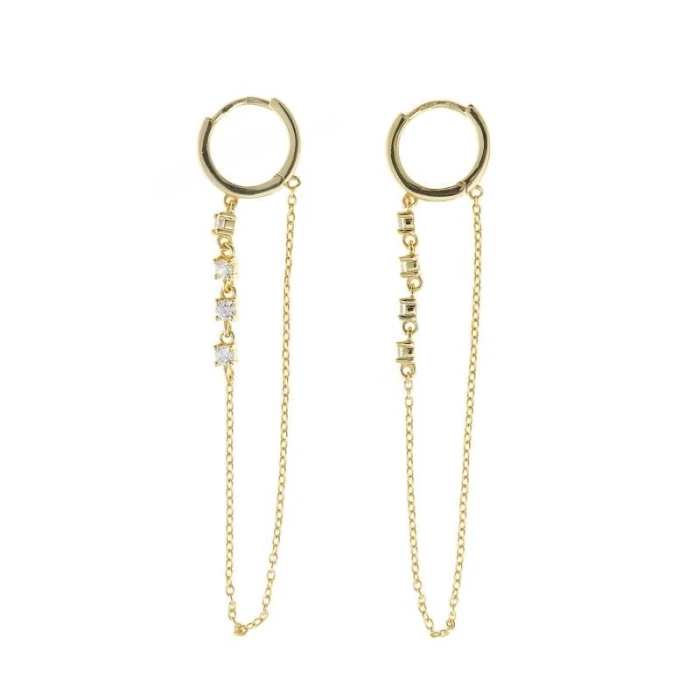 PENDIENTES PLATA CHAPADO DORADO ARO CUATRO CIRCONITAS BLANCAS BRILLANTES CON CADENA