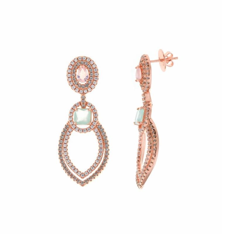 PENDIENTES PLATA CHAPADO ROSA HOJA CIRCONITAS VERDE