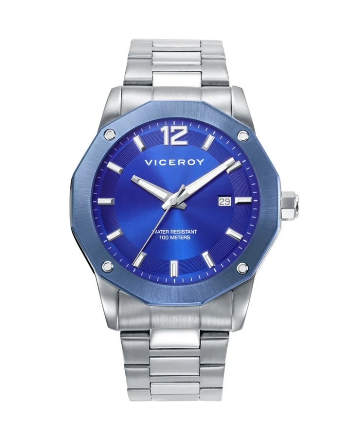 Reloj caja bitono de acero e Ip azul 10 Atm, brazalete de acero, movimiento cuarzo