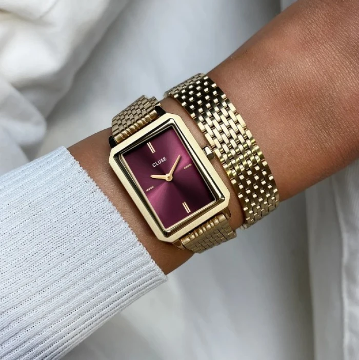 Fluette Watch Double Steel, Wine, Gold Colour