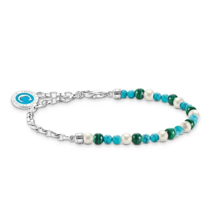 PULSERA CHARM CON PERLAS BLANCAS, MALAQUITA Y CHARMISTA MEDALL
