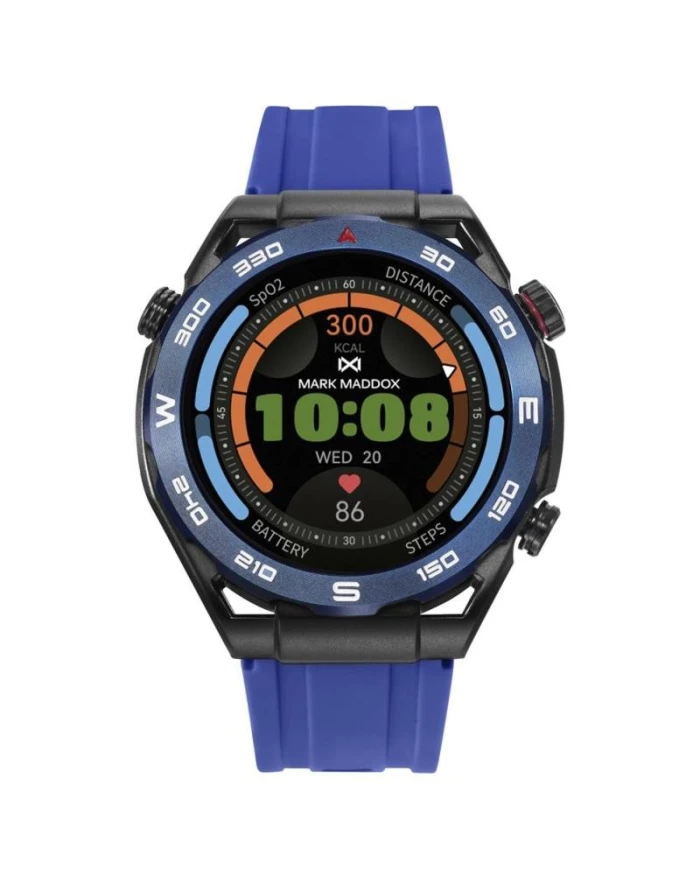 Reloj Smart de metal negra con bisel azul con correa de silicona azul y otra en color negra