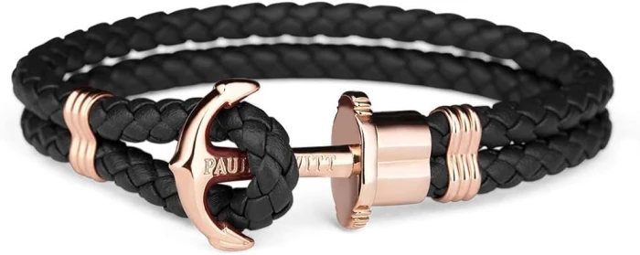 PULSERA CUERO NEGRO ANCLA ROSA