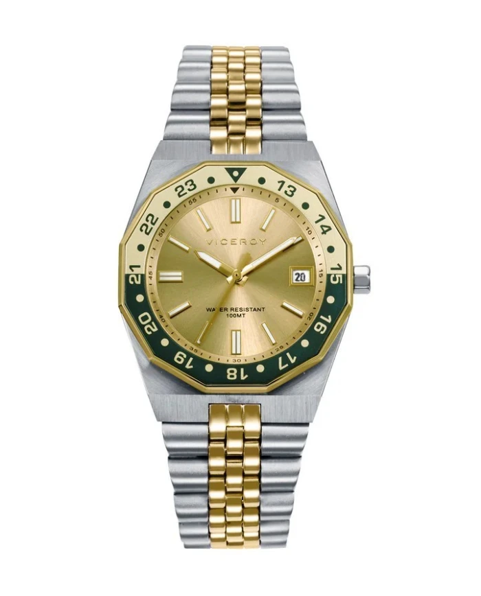 Reloj caja de acero con bisel rotarorio 10 Atm, brazalete bitono de acero e Ip dorado , movimiento cuarzo