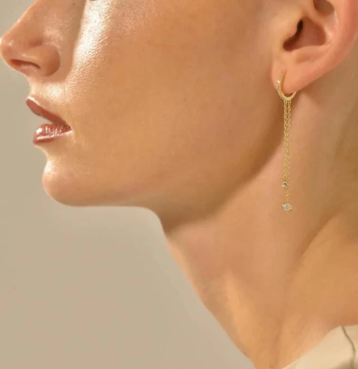PENDIENTES PLATA CHAPADO DORADO ARO DOS CIRCONITAS BLANCAS CHATONES CON CADENA