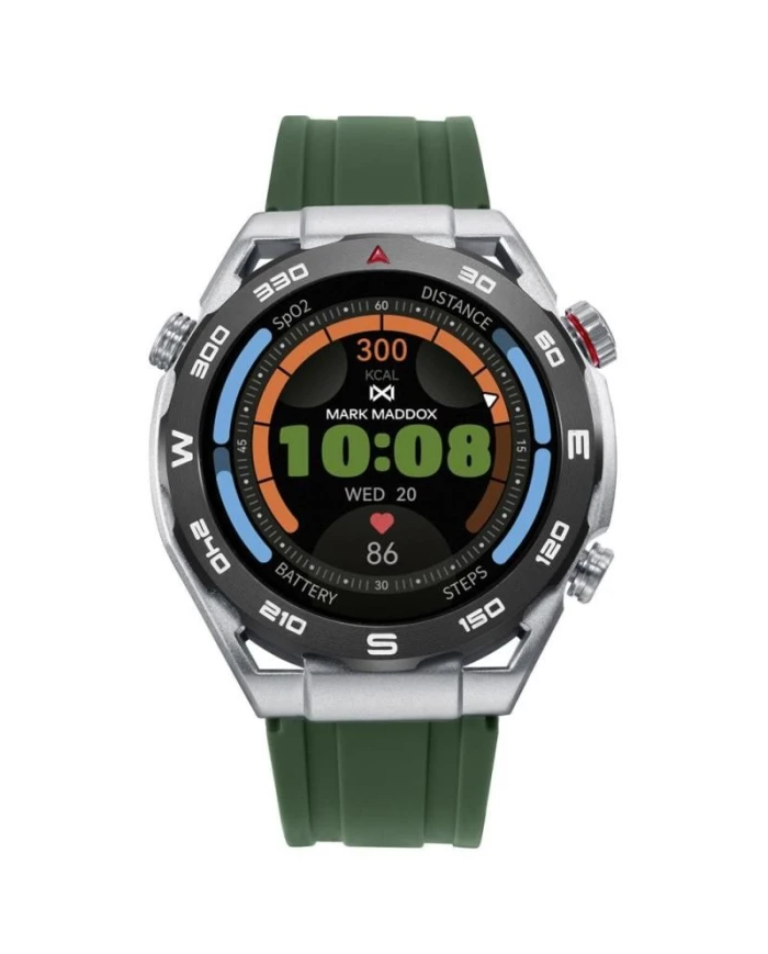 Reloj Smart de metal plateada con bisel gris con correa de silicona verde y en color negra