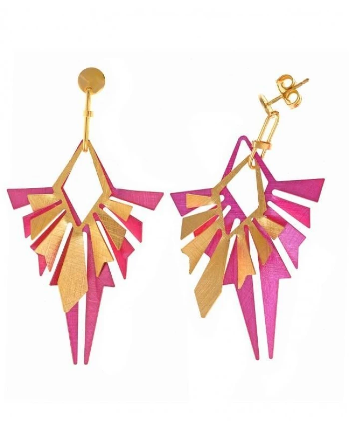 PENDIENTES PLATA CHAPADO DORADO ROMBOS DIAMANTADOS FUCSIA ESMALTADO BARNIZ HIPOALERGENICO