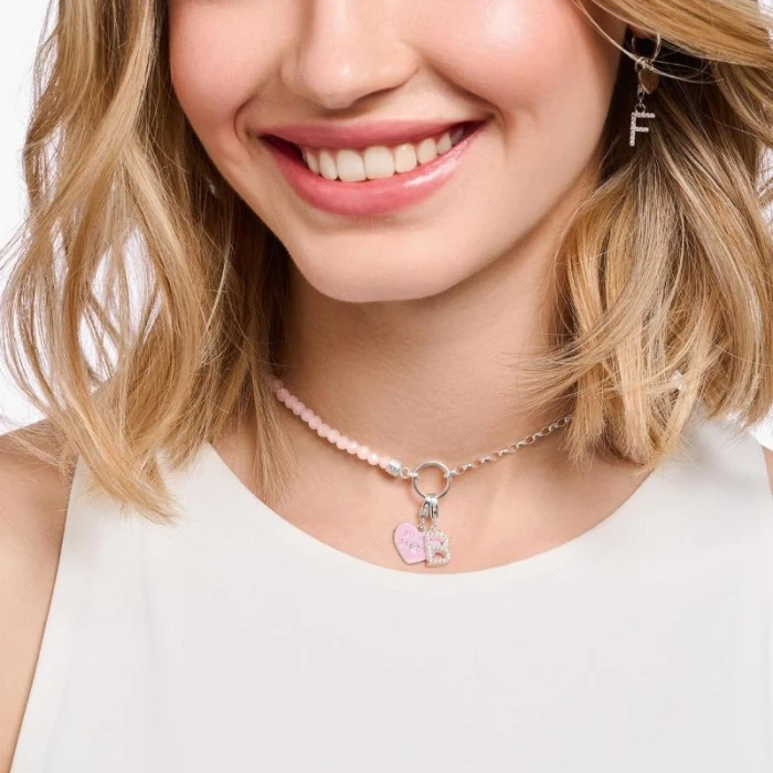 CADENA CHARM CON CUARZO ROSA BEADS Y CHARMISTA COIN PLATA