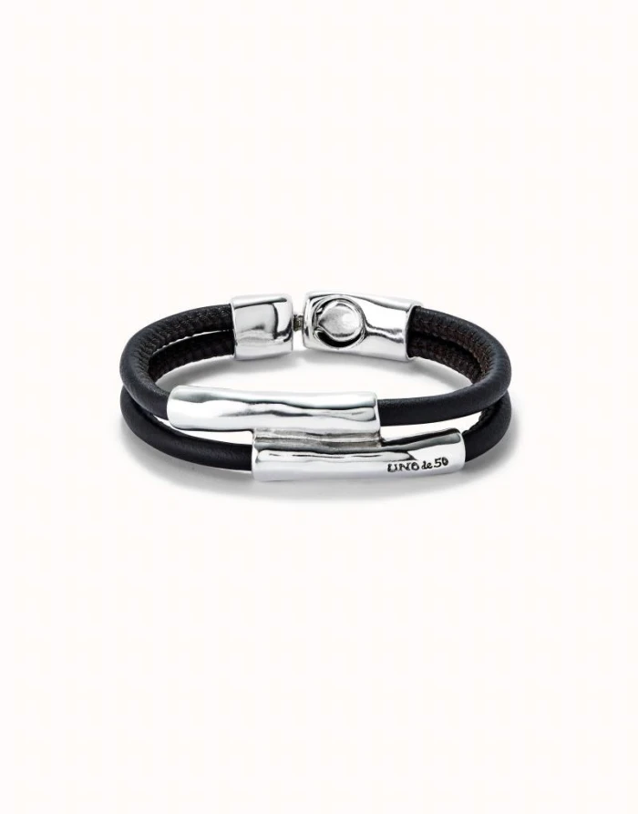 Pulsera doble cuero marron con dos tubos bañada en plata de ley