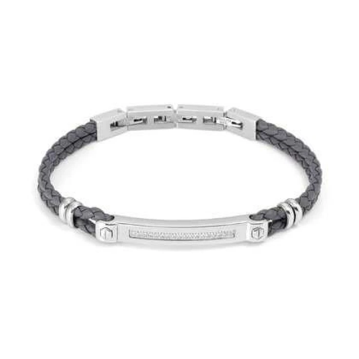 PULSERA MANVISION EN ACERO, CIRCONITAS Y CUERO SINTETICO GRIS