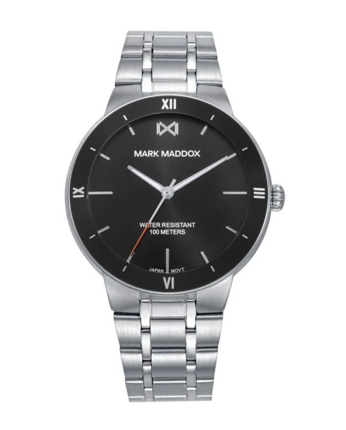 RELOJ con caja de acero, bisel negro y brazalete metálico.