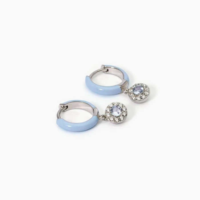 Pendientes aros de plata con esmalte azul y circonita aguamarina