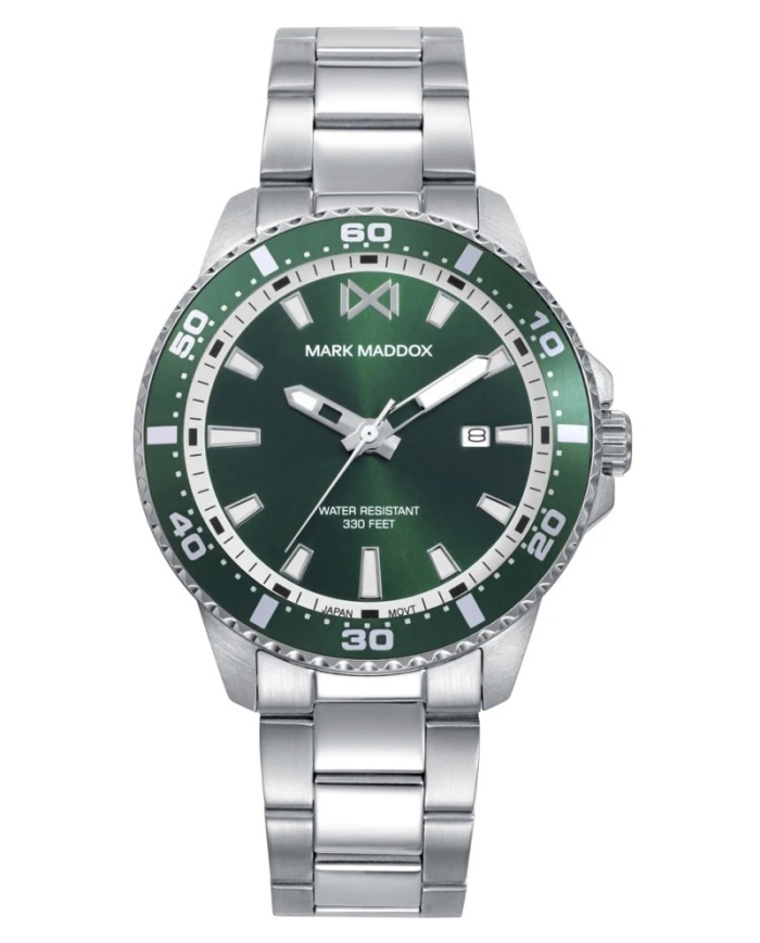 Reloj de hombre de acero con esfera verde, bisel de aluminio verde y brazalete de acero. Resistencia al agua de 10 ATM