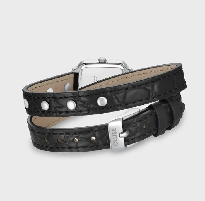 Gracieuse Mini Watch Double Leather Black, Studs, Silver Colour